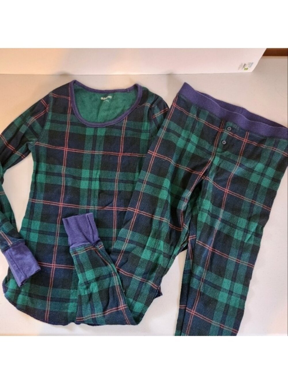 Old Navy Blue Plaid Waffle PJs Pyjamas Womens Small Medium Christmas Long Sleeve